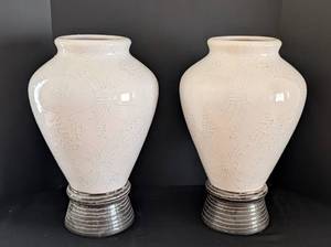 lot 77 image: Pair of White and Pale Blue Ceramic Floor Vases