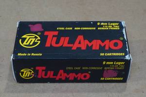 lot 133 image: 50 TulAmmo 9mm Luger 115 Gr FMJ Steel Case Ammo