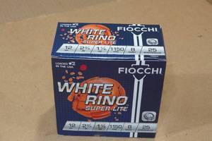 lot 158 image: 25 Fiocchi White Rino 12 Gauge 2-34 8 Shot Shotshells
