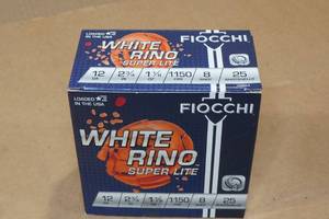 lot 159 image: 25 Fiocchi White Rino 12 Gauge 2-34 8 Shot Shotshells