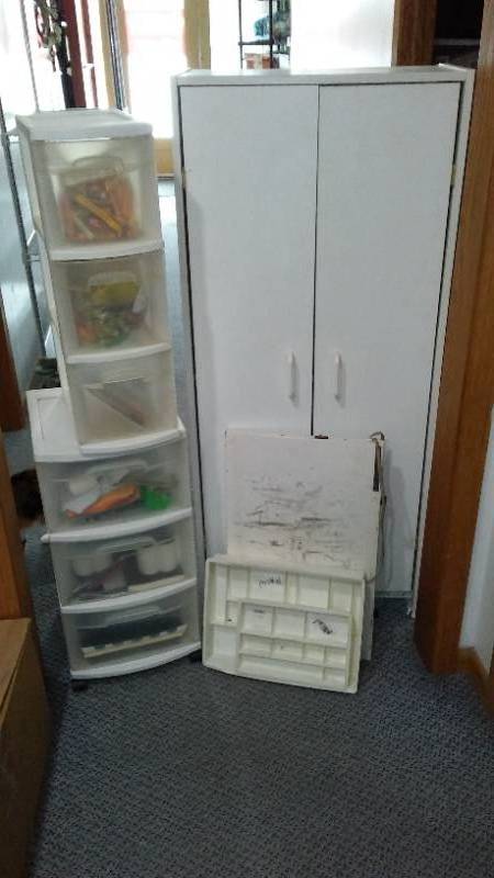 lot 387 image: White Storage Cabinet  and 3-Drawer Organizers (2)