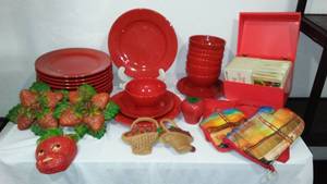 lot 396A image: Vintage Red Strawberry Themed Kitchenware.