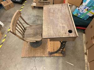 lot 12 image: Vintage Wooden School Desk with Attached Chair