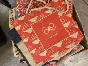 lot 70 image: Collection of Vibrant Jute Tote Bags with Various Designs