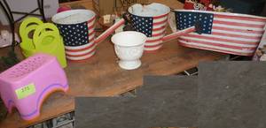 lot 271 image: 3 used metal planters for July 4th, stack of new RotNot to keep your squash and melon off the ground