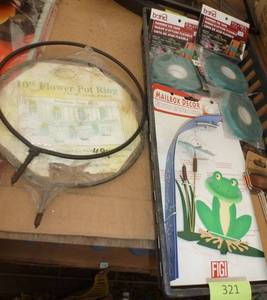 lot 321 image: Mailbox dcor, 2 flower pot rings for the deck, garden tie tape and garden markers