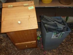 lot 337 image: Potato bin (top needs to be nailed back on) and tall planter with landscaping fabric