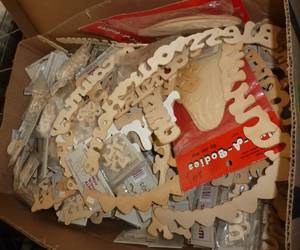 lot 350 image: Large box full of wood craft items, must be over 200
