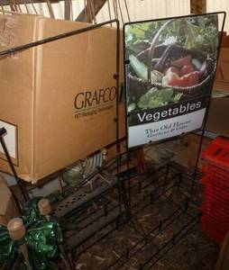 lot 366 image: Group of display stands, signs and all the bamboo trellis on the wall