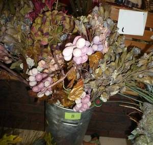 lot 8 image: Metal planter full of fall or subdued color silk flowers