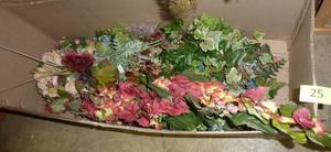lot 25 image: Box full of silk flowers and a basket