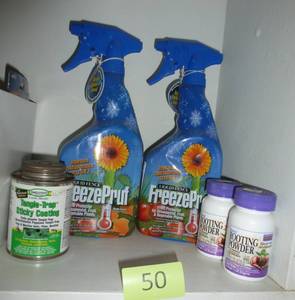 lot 50 image: 2 bottles of FreezePruf to protect your plants, 2 bottles of rooting powder and acan of Tangle trap