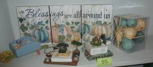 lot 95 image: THREE super cute notepad holders, blessings sign that lights up and gourd dcor