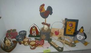 lot 110 image: Country home dcor with barn, apples, rooster, old crow, candles