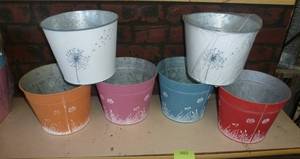 lot 385 image: SIX metal planters of fun design and colors 8 inch