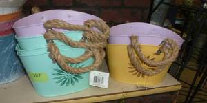 lot 387 image: SIX metal planters purse design in fun colors 10 inch