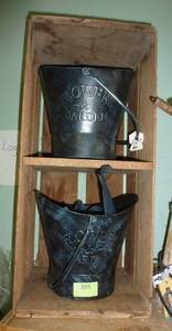 lot 395 image: TWO coal bucket style planters with an old wood crate