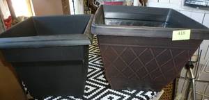 lot 418 image: TWO plastic planters 14 and 16 inch and TWO metal planters