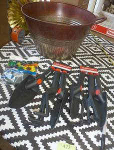 lot 422 image: TWO sets of garden tools, metal planter and plant tape