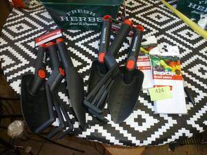 lot 424 image: TWO sets of garden tools, metal planter and plant labels