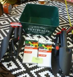 lot 425 image: TWO sets of garden tools, metal planter and plant labels