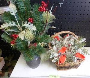 lot 446 image: Two holiday arrangements and wood planter