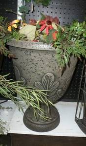 lot 452 image: Large plastic urn planter 19 in tall with greenery