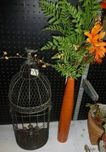 lot 453 image: Metal bird cage for your arrangements and tall skinny planter with arrangement