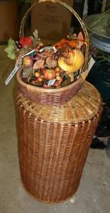 lot 454 image: Tall wicker basket 20 inches and wicker basket with fall gourds etc