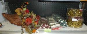 lot 461 image: Cornucopia, Velvet lace, star garland, fall flowers, wicker baset