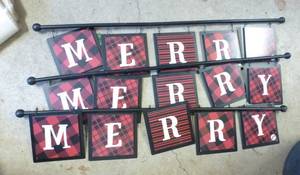 lot 469 image: THREE Merry signs, bag of light up reindeer and sleigh