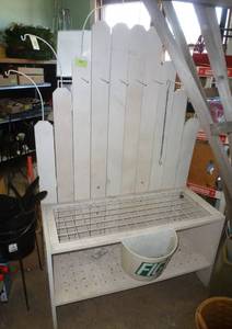 lot 481 image: White picket fence display stand to hold stakes as well as hanging items