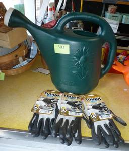 lot 503 image: 3 pair of Small garden gloves and a 2 gallon watering can