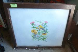 lot 504 image: Painted and frosted window with birds and flowers