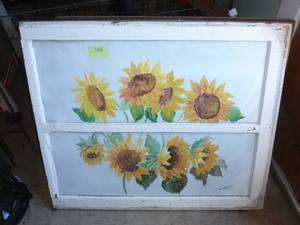 lot 505 image: Painted and frosted window with sunflowers