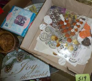 lot 519 image: Dcor, scrapbook items, musical candle, house number plaque, envelope wall hanging dcor, shadow boxes