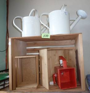 lot 533 image: 2 new watering can Planters, wood crates and a seeder