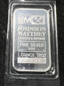 1 TROY OZ .999 FINE SILVER JOHNSON MATTHEY BAR