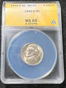 1940-D US JEFFERSON NICKEL ANACS MS65 5 STEPS