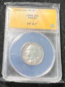 1958 US PROOF WASHINGTON QUARTER ANACS PF67