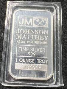 1 TROY OZ .999 FINE SILVER JOHNSON MATTHEY BAR