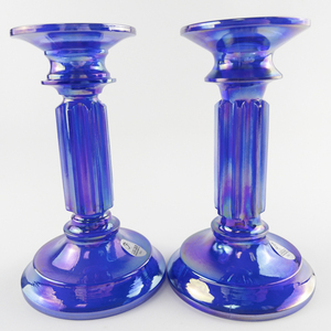lot 36A image: FENTON Set of 2 Cobalt Blue Carnival Glass Candlestick Holders