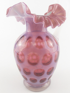 lot 37E image: FENTON Cranberry Opalescent Commemorating the 50th Anniversary of Fenton Coin Dot 1947-1997 Decorative Glass Pitcher