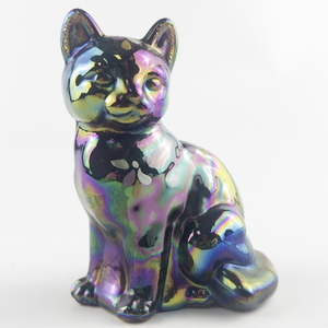 lot 38C image: FENTON Black Carnival Hand Painted Floral Glass Sitting Cat