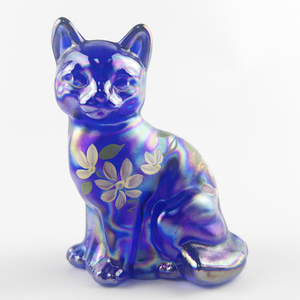 lot 38E image: FENTON Cobalt Blue Carnival Hand Painted Floral Glass Sitting Cat