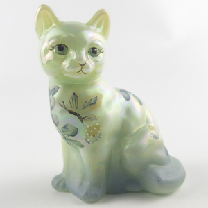lot 38F image: FENTON Sea Green Satin Floral Interlude Hand Painted Glass Sitting Cat