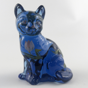 lot 38T image: FENTON Cobalt Blue Hand Painted Floral Glass Sitting Cat