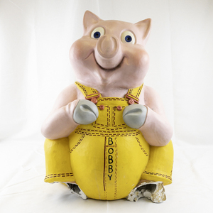 lot 5 image: Vintage CONTINENTAL STUDIOS Giant Ceramic Hand Painted Piggy Bank in Yellow Overalls