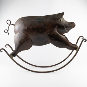 lot 12 image: Large Rocking Folk Art Metal Pig Sculpture