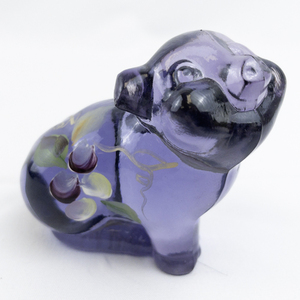 lot 24A image: 2005 FENTON Purple Hand Painted Floral Sitting Glass Pig Figurine
